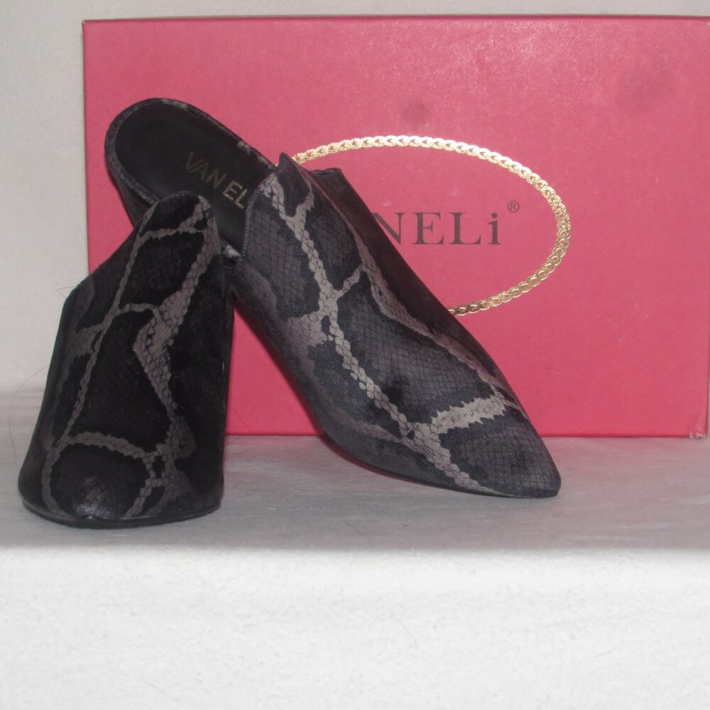 New Womens Ladies VANELI Black & Grey Velvet Snake Slide Mule Heel 7 M Orig $195